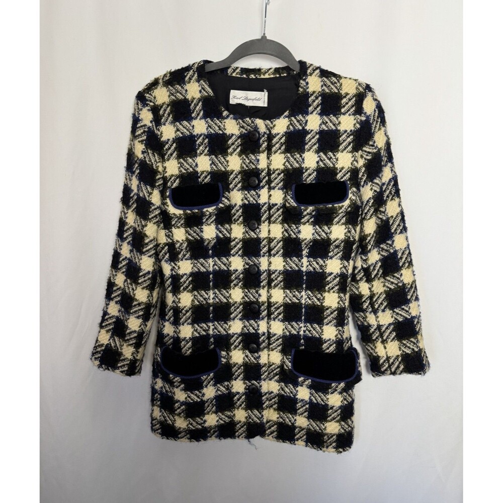 80s Karl Lagerfeld Textured Boucle Tweed Jacket Black Navy Cream XS/ Small